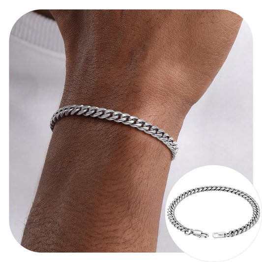 Men Chain Bracelet Cuban Stainless Steel Curb Bracelet 6MM 8.3 Inch Silver Wrist Bracelet Mens Birthday Father Day Graduation Jewelry Gifts for Him Dad Adults Age