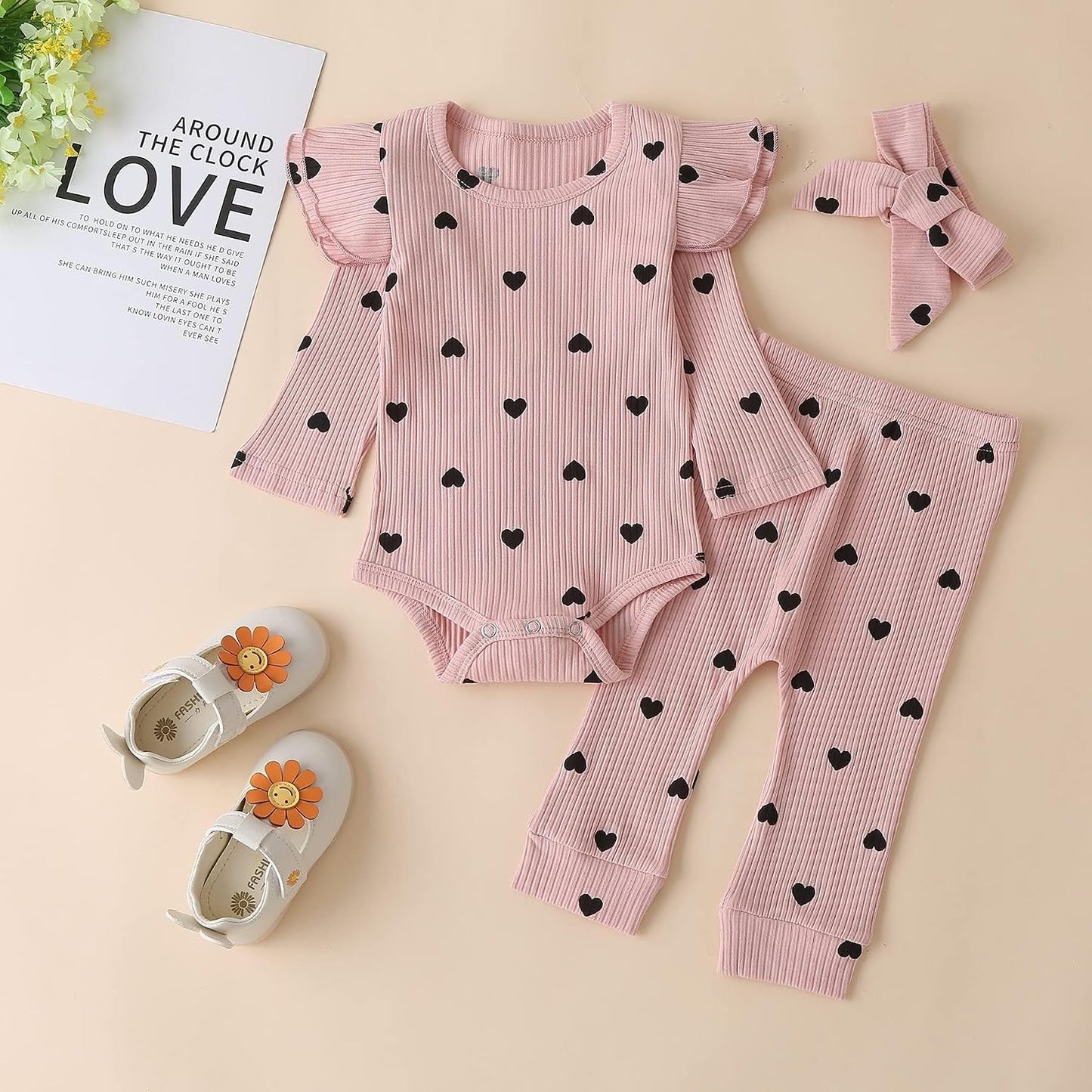 Baby Girl'S 3Pc Rib Frill Long Sleeve Romper and Pant Set