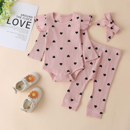 Baby Girl'S 3Pc Rib Frill Long Sleeve Romper and Pant Set