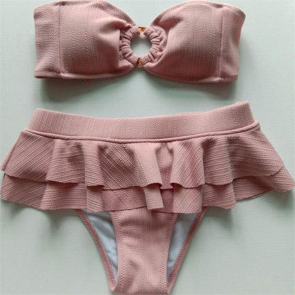 Swimsuit Women Ruffle Bikini Summer  Two Pieces Solid Pink Swimwear Push Up Bather Suit Women Charming Color Tummy Control Swimwear Plus Size Swim Dress Swimsuit Two Piece Bathing Suits